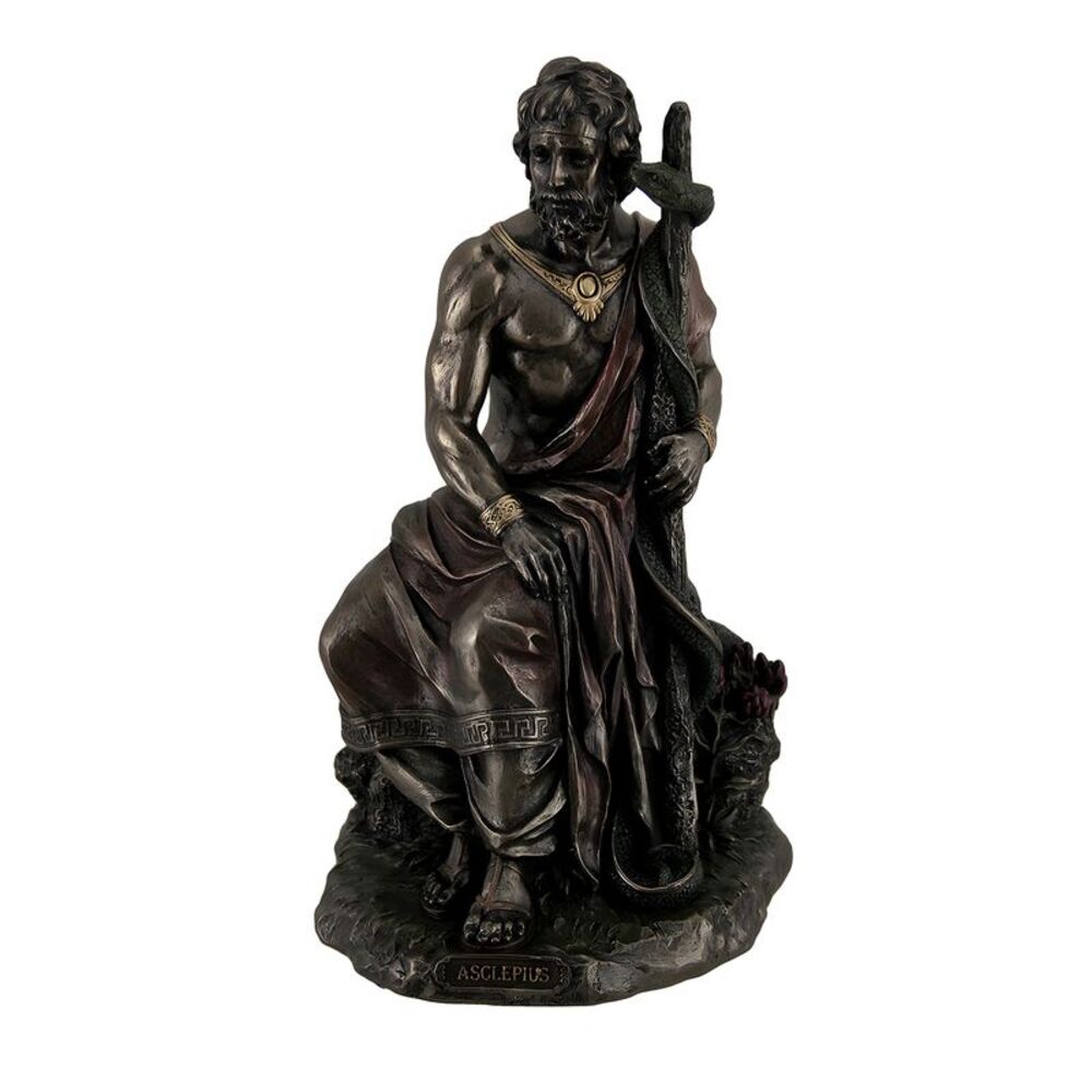 Asclepius Greek God of Medicine Holding Serpent Entwined Staff Bronzed Statue